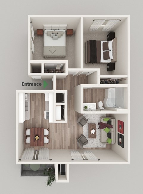 a 3d rendering of a bedroom floor plan with an office and living room